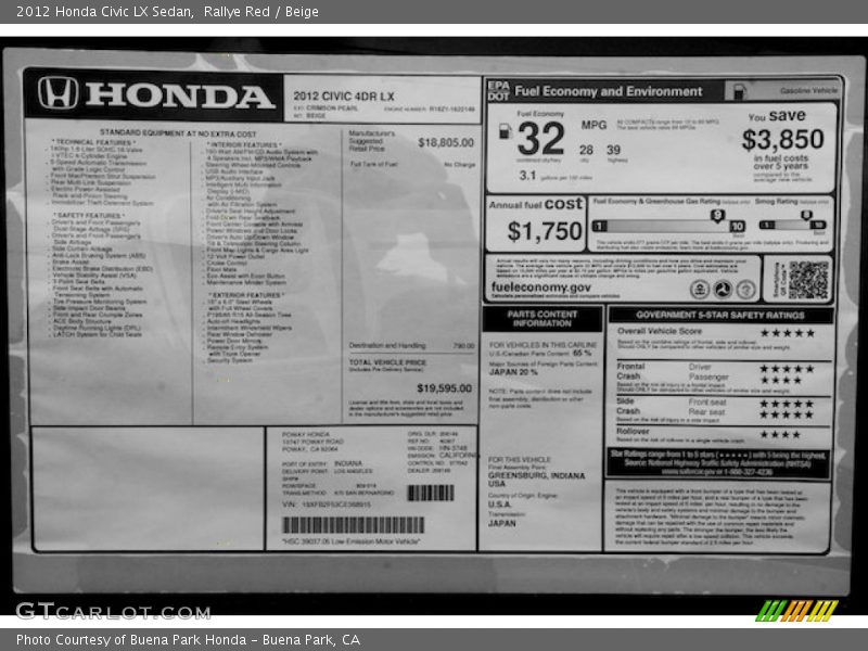 Rallye Red / Beige 2012 Honda Civic LX Sedan