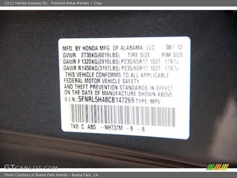 Polished Metal Metallic / Gray 2012 Honda Odyssey EX