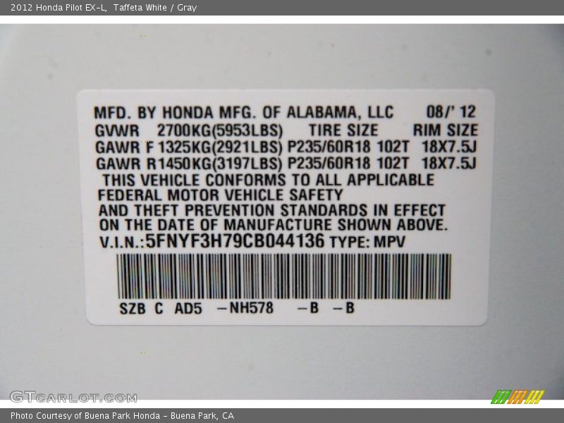 Taffeta White / Gray 2012 Honda Pilot EX-L