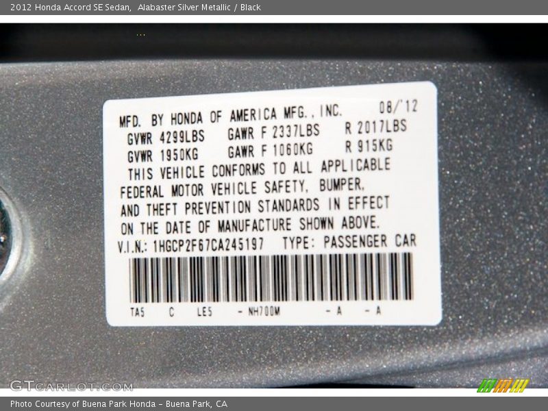 Alabaster Silver Metallic / Black 2012 Honda Accord SE Sedan