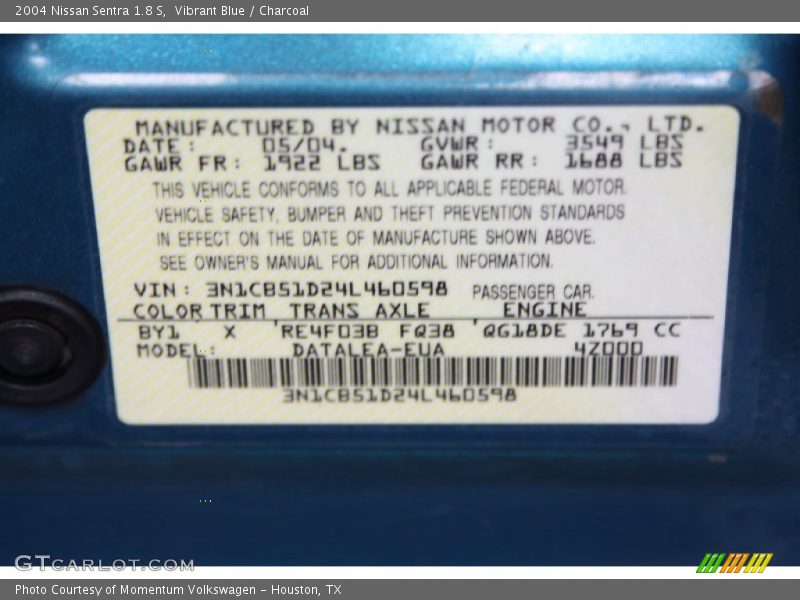 2004 Sentra 1.8 S Vibrant Blue Color Code BY1
