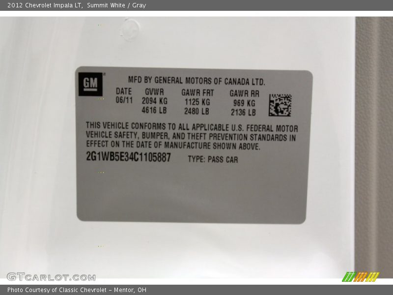 Summit White / Gray 2012 Chevrolet Impala LT