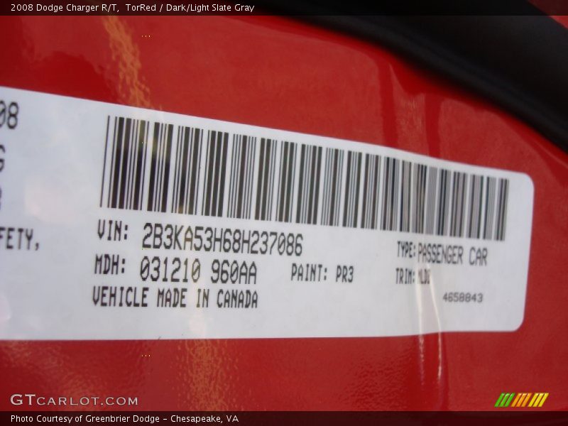 2008 Charger R/T TorRed Color Code PR3