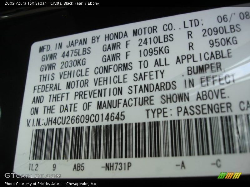 Crystal Black Pearl / Ebony 2009 Acura TSX Sedan