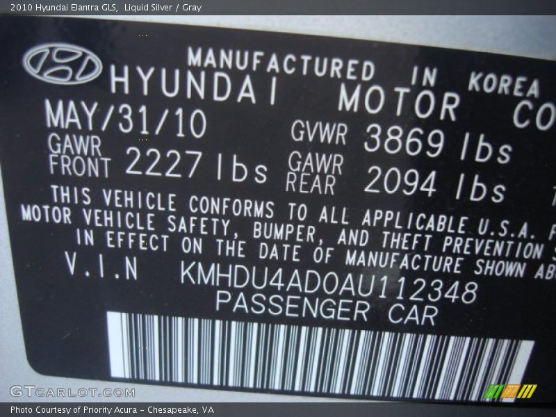 Liquid Silver / Gray 2010 Hyundai Elantra GLS
