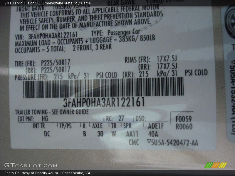 Smokestone Metallic / Camel 2010 Ford Fusion SE