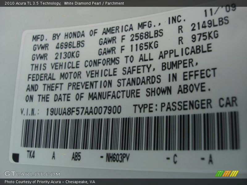 White Diamond Pearl / Parchment 2010 Acura TL 3.5 Technology