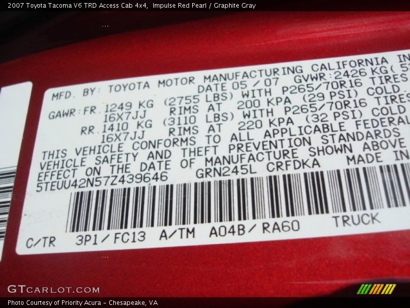 Impulse Red Pearl / Graphite Gray 2007 Toyota Tacoma V6 TRD Access Cab 4x4