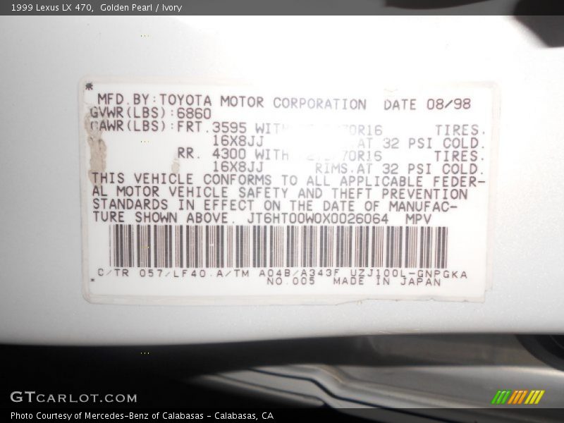1999 LX 470 Golden Pearl Color Code 057