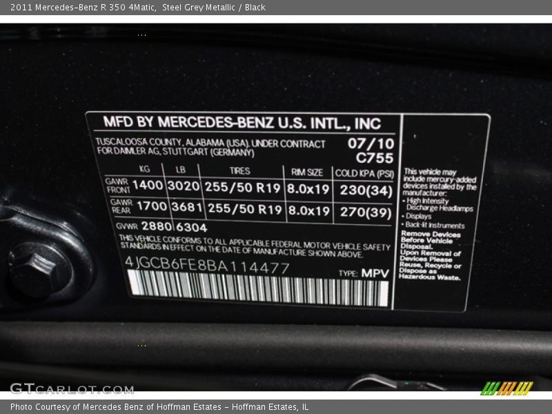 Steel Grey Metallic / Black 2011 Mercedes-Benz R 350 4Matic