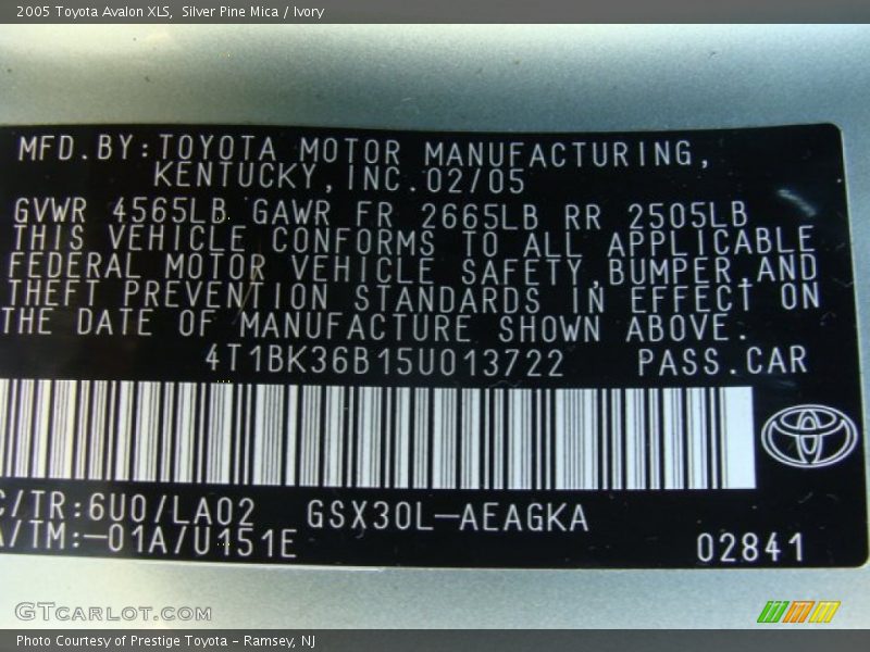 2005 Avalon XLS Silver Pine Mica Color Code 6U0