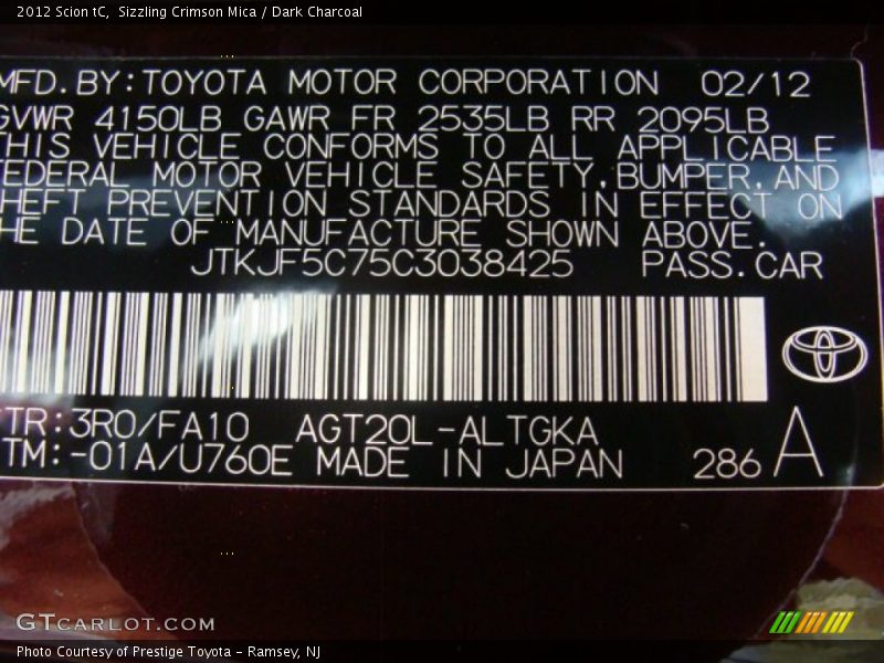 2012 tC  Sizzling Crimson Mica Color Code 3R0