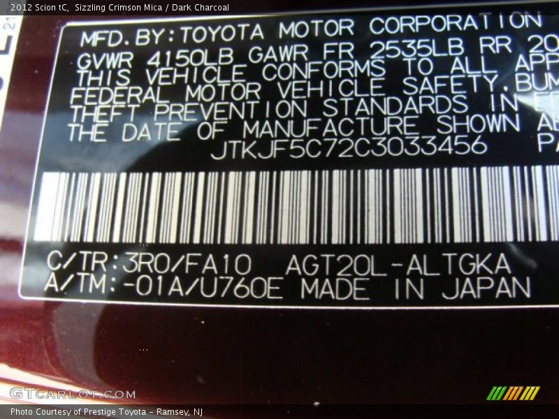 2012 tC  Sizzling Crimson Mica Color Code 3R0