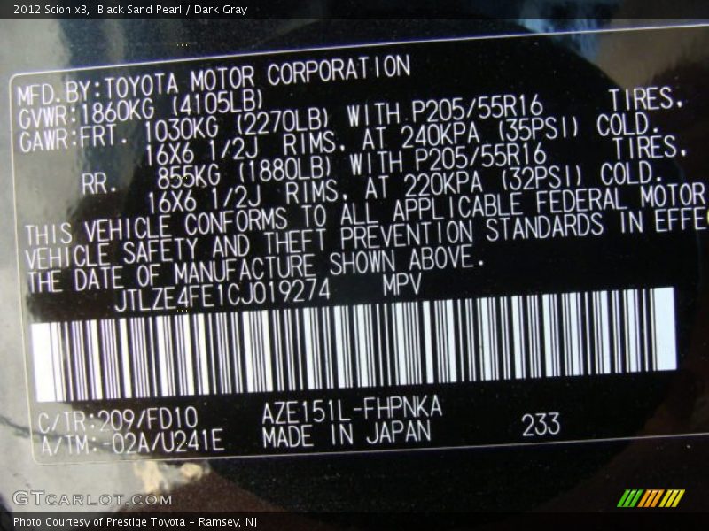 Black Sand Pearl / Dark Gray 2012 Scion xB