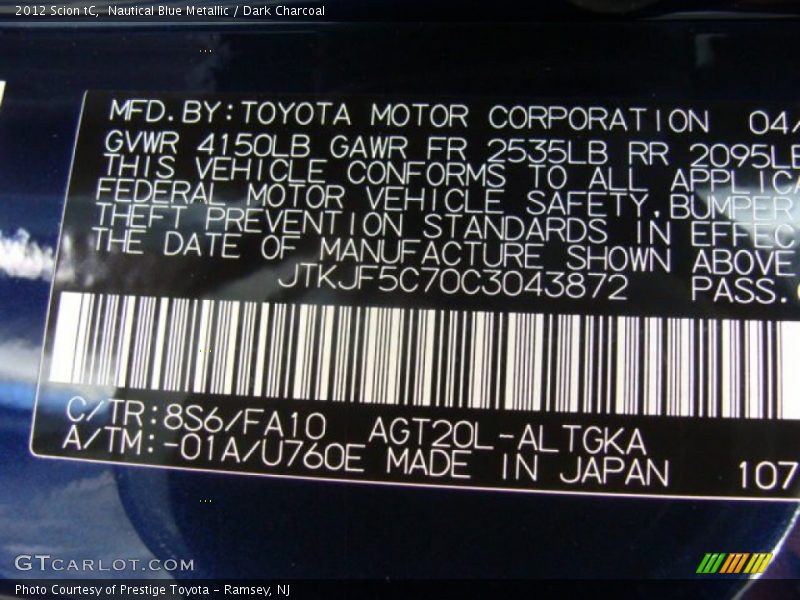 Nautical Blue Metallic / Dark Charcoal 2012 Scion tC