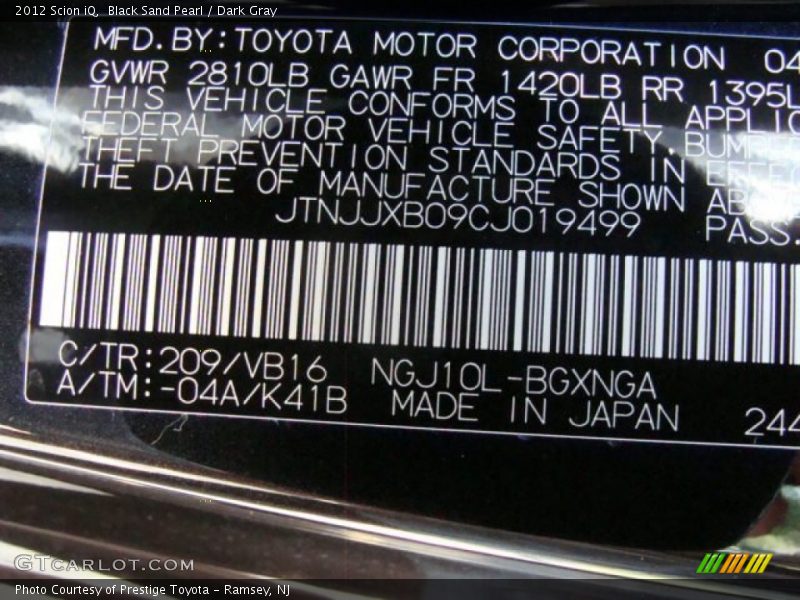 Black Sand Pearl / Dark Gray 2012 Scion iQ