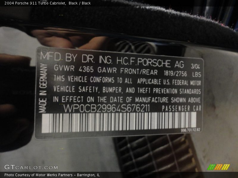 Info Tag of 2004 911 Turbo Cabriolet