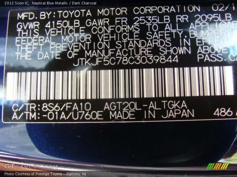 Nautical Blue Metallic / Dark Charcoal 2012 Scion tC