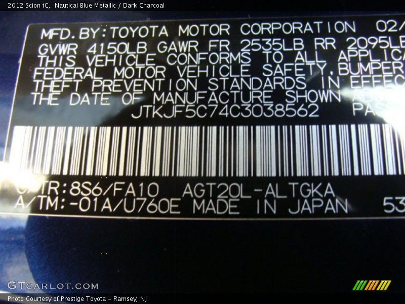 2012 tC  Nautical Blue Metallic Color Code 8S6