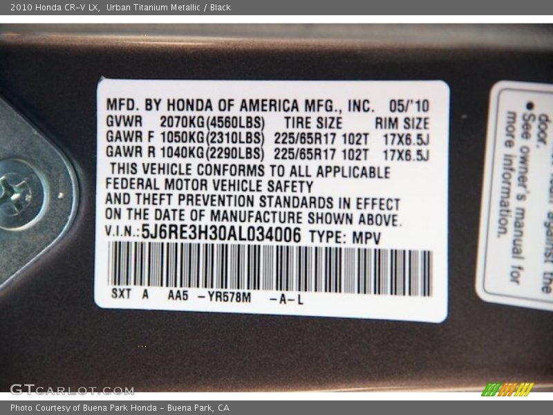 Urban Titanium Metallic / Black 2010 Honda CR-V LX