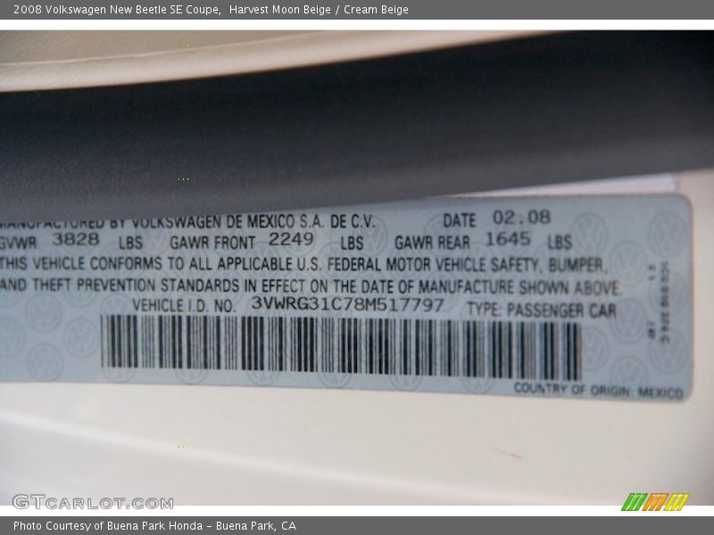 Harvest Moon Beige / Cream Beige 2008 Volkswagen New Beetle SE Coupe