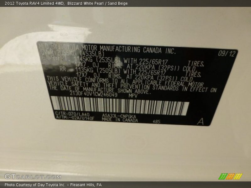 Blizzard White Pearl / Sand Beige 2012 Toyota RAV4 Limited 4WD