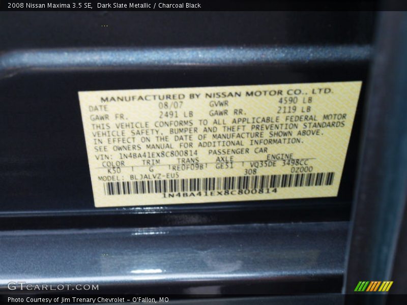 Dark Slate Metallic / Charcoal Black 2008 Nissan Maxima 3.5 SE