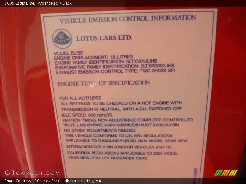 Info Tag of 2005 Elise 