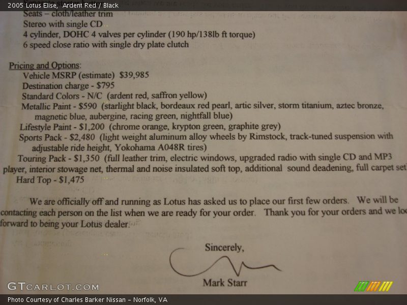 Info Tag of 2005 Elise 