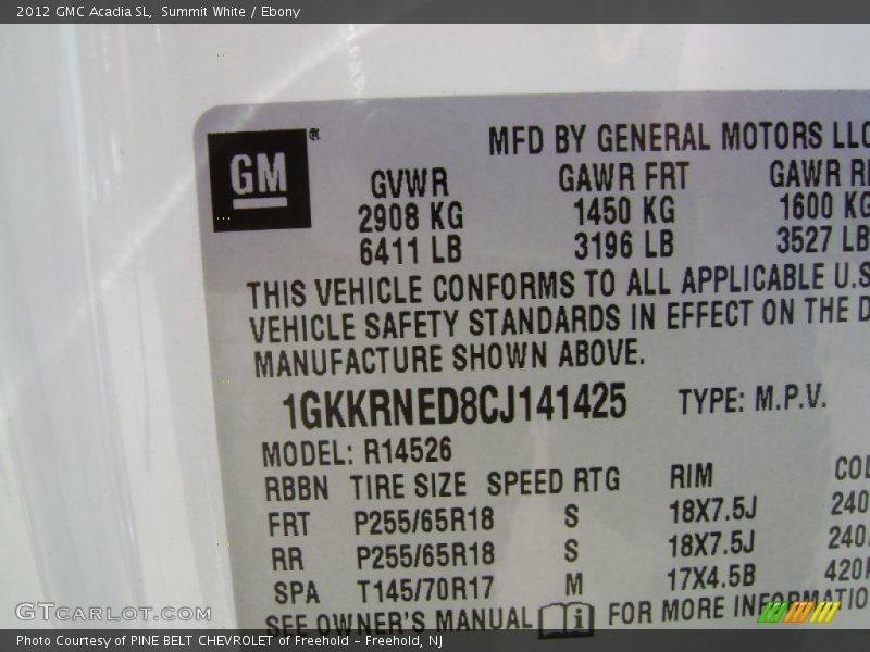 Summit White / Ebony 2012 GMC Acadia SL