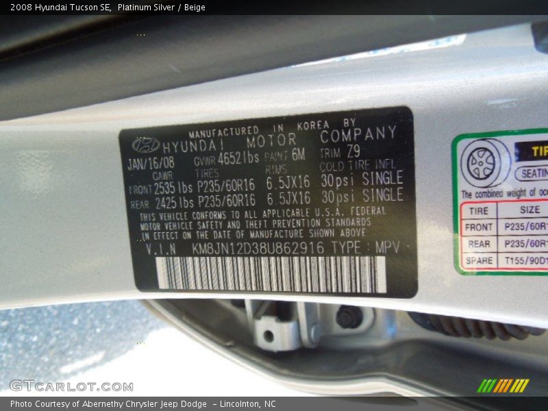 Platinum Silver / Beige 2008 Hyundai Tucson SE