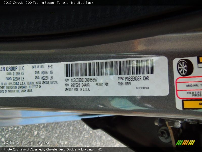 Tungsten Metallic / Black 2012 Chrysler 200 Touring Sedan