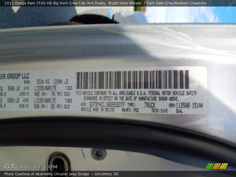Bright Silver Metallic / Dark Slate Gray/Medium Graystone 2011 Dodge Ram 3500 HD Big Horn Crew Cab 4x4 Dually