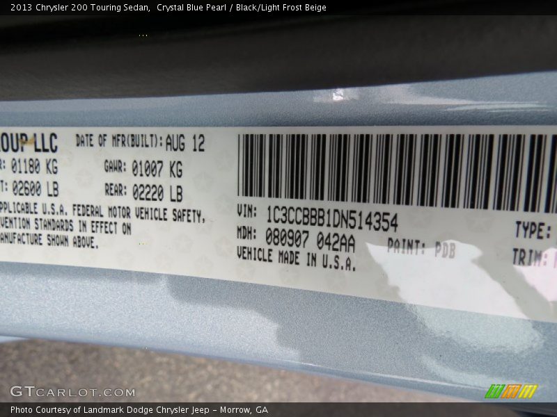 Crystal Blue Pearl / Black/Light Frost Beige 2013 Chrysler 200 Touring Sedan