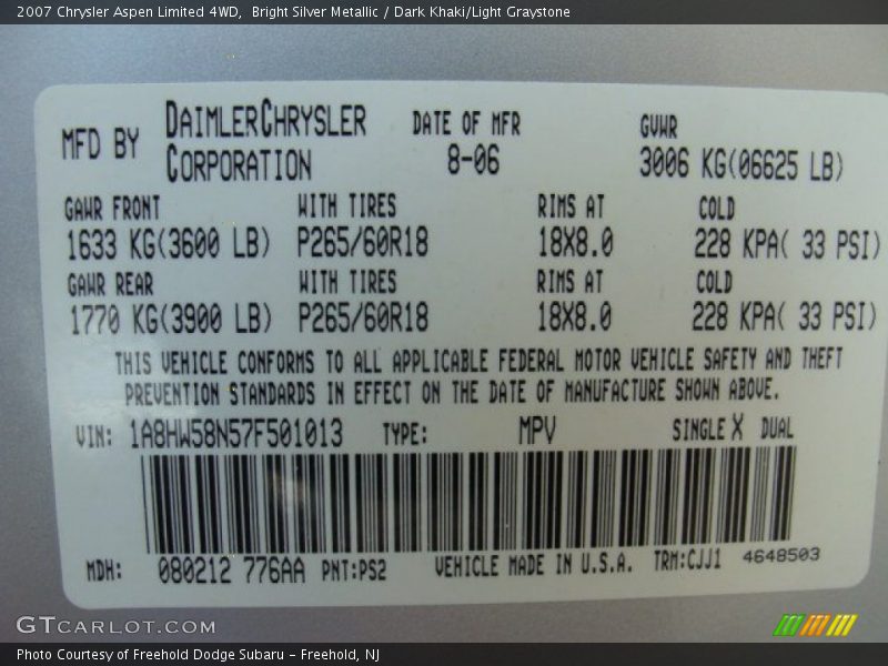Bright Silver Metallic / Dark Khaki/Light Graystone 2007 Chrysler Aspen Limited 4WD