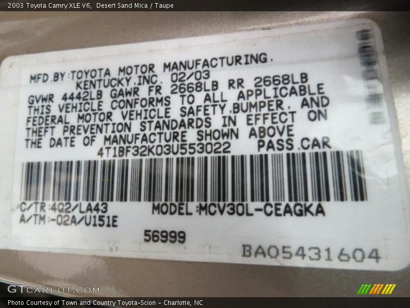 Desert Sand Mica / Taupe 2003 Toyota Camry XLE V6
