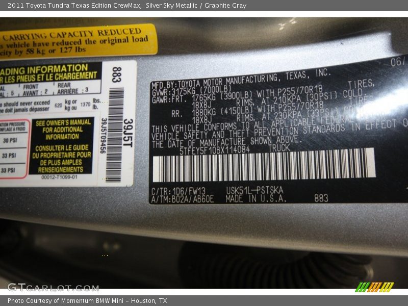 2011 Tundra Texas Edition CrewMax Silver Sky Metallic Color Code 1D6