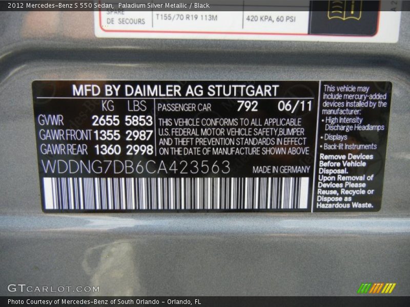 2012 S 550 Sedan Paladium Silver Metallic Color Code 792