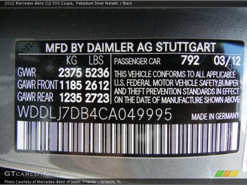 Palladium Silver Metallic / Black 2012 Mercedes-Benz CLS 550 Coupe