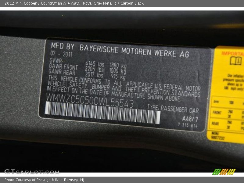 2012 Cooper S Countryman All4 AWD Royal Gray Metallic Color Code A48