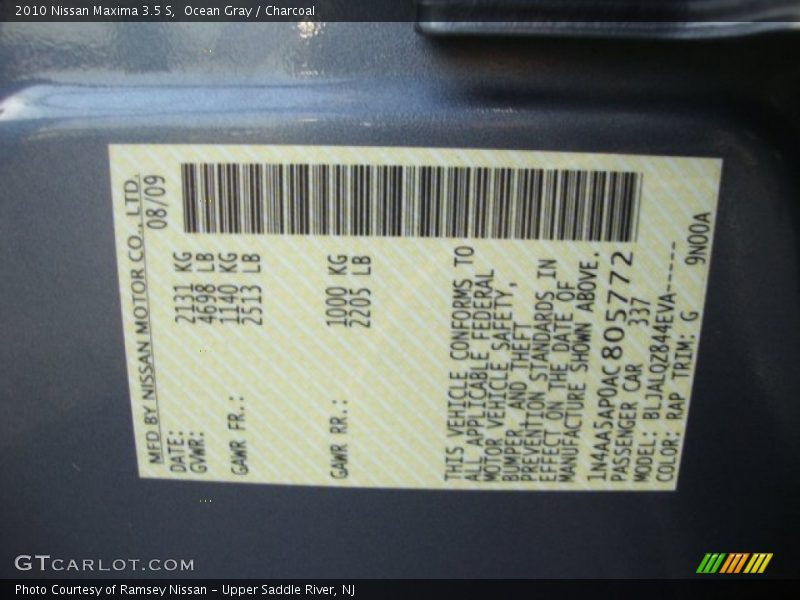 Ocean Gray / Charcoal 2010 Nissan Maxima 3.5 S