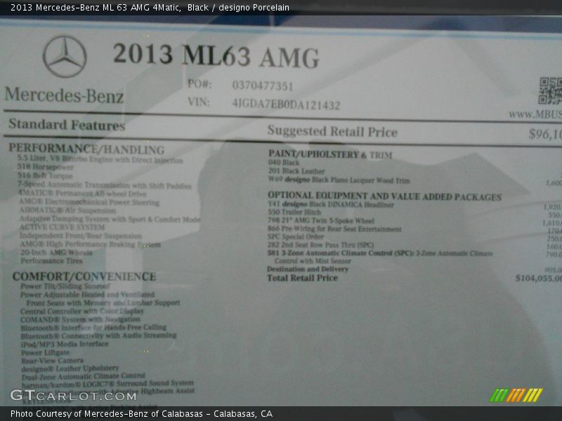  2013 ML 63 AMG 4Matic Window Sticker