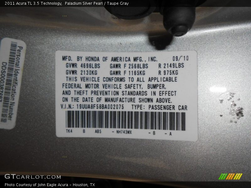 Paladium Silver Pearl / Taupe Gray 2011 Acura TL 3.5 Technology