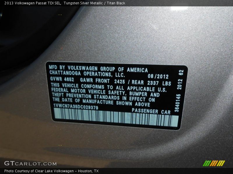 Tungsten Silver Metallic / Titan Black 2013 Volkswagen Passat TDI SEL
