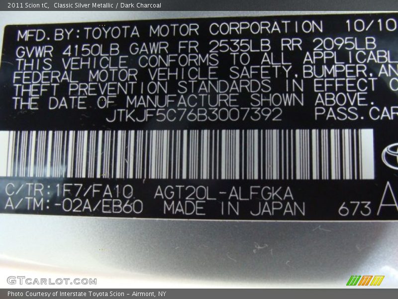 Classic Silver Metallic / Dark Charcoal 2011 Scion tC
