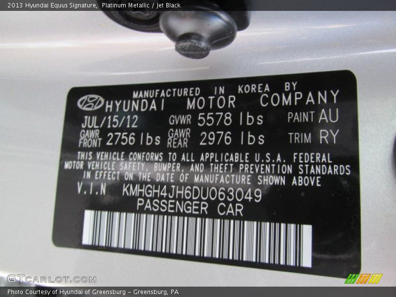 2013 Equus Signature Platinum Metallic Color Code AU