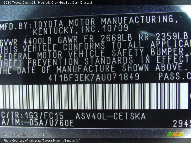 Magnetic Gray Metallic / Dark Charcoal 2010 Toyota Camry SE