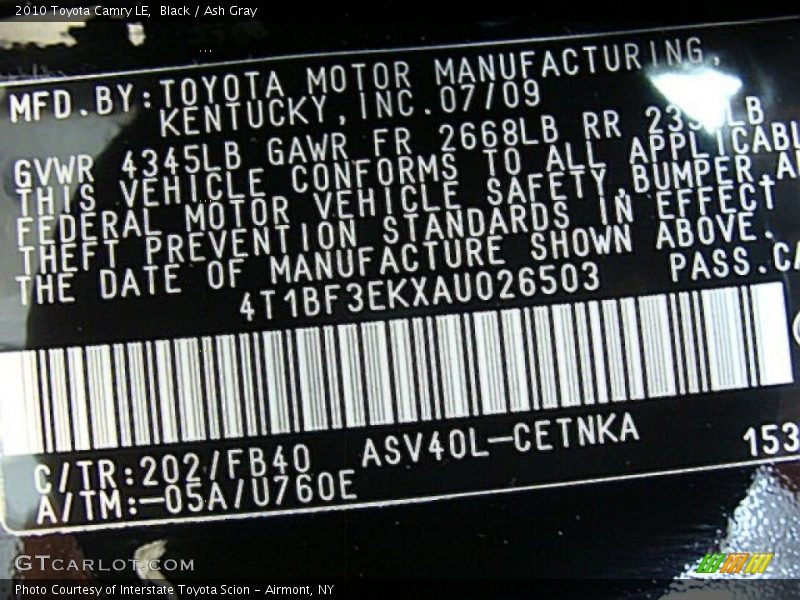 Black / Ash Gray 2010 Toyota Camry LE