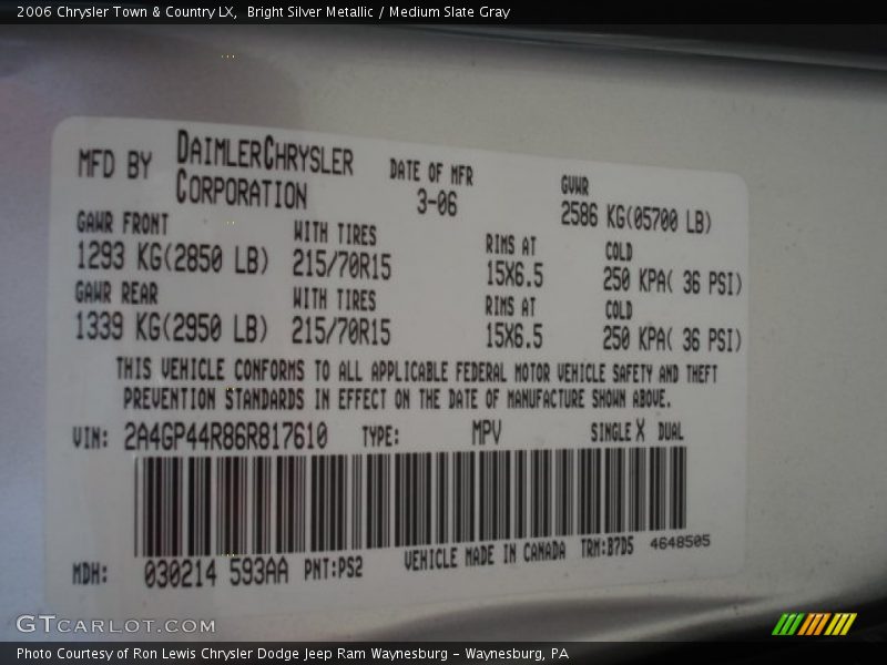 Bright Silver Metallic / Medium Slate Gray 2006 Chrysler Town & Country LX