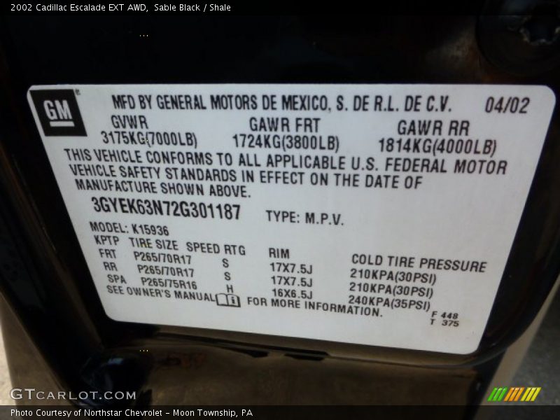 Sable Black / Shale 2002 Cadillac Escalade EXT AWD